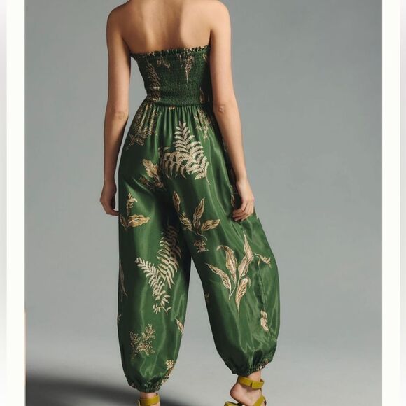 Anthropologie Olive Green Tropical Leaf Balloon Leg Smocked Sleeveless Jumper - Picture 3 of 16